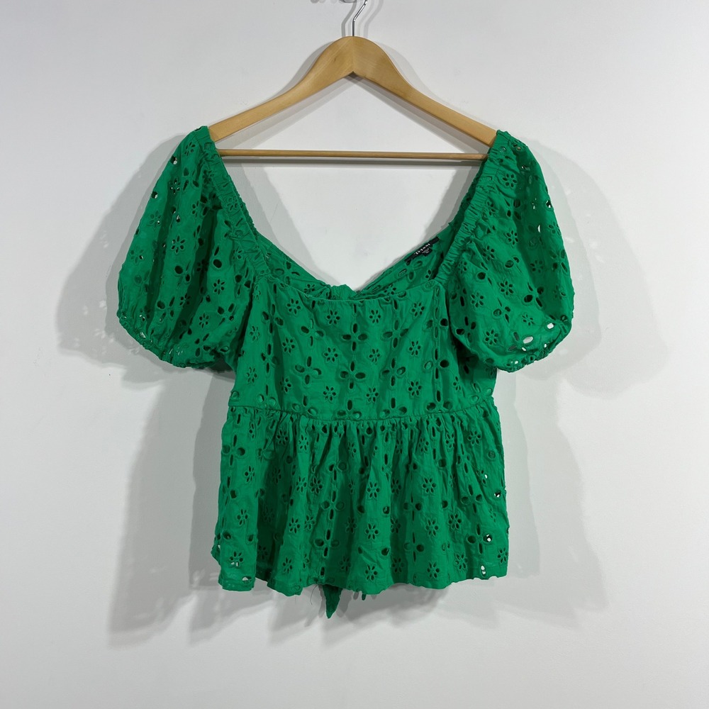 Trixxi Y2K Kelly Green Preppy Eyelet Lace Puff Sleeve Babydoll Top Womens XL